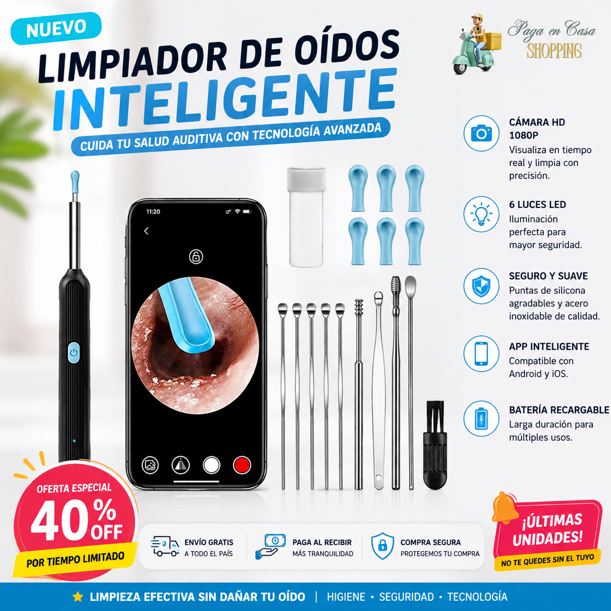 Otoscopio Limpiador Oidos Luz Camara Hd