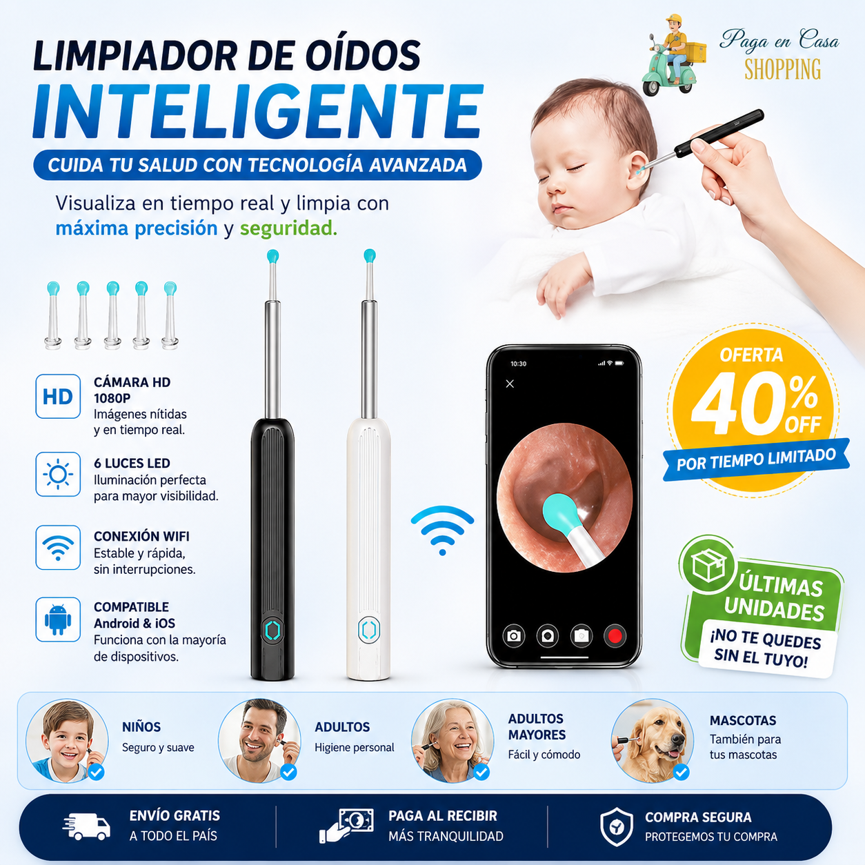 Otoscopio Limpiador Oidos Luz Camara Hd