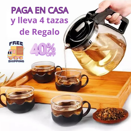 Tetera de Vidrio Infusión  + 4 Tazas de Regalo